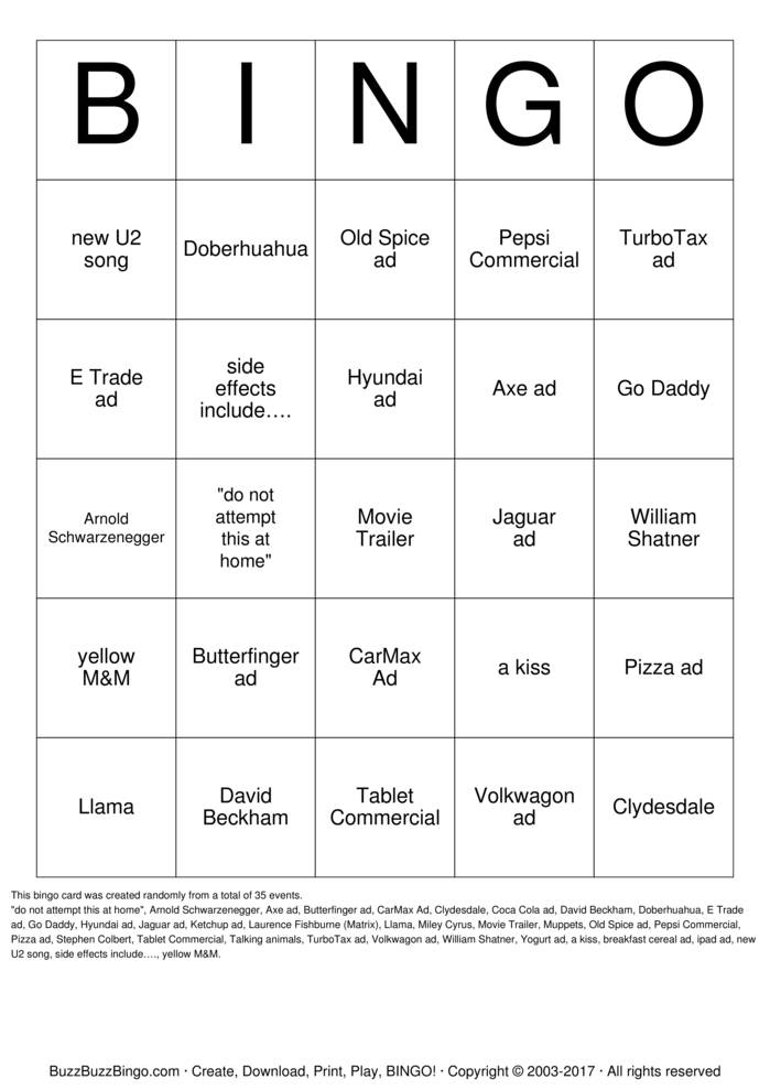 Superbowl Bingo Cards to Download, Print and Customize!