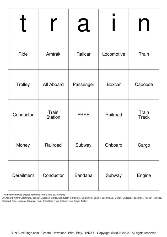 Download Free TRAIN Bingo Cards Download Free TRAIN Bingo Cards