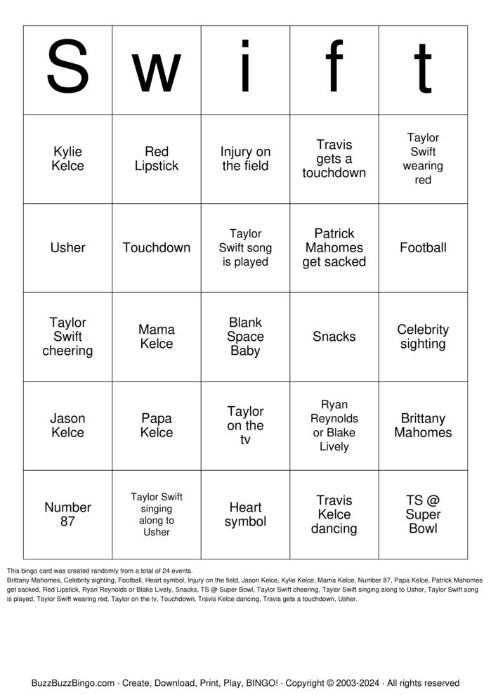 Download Free Taylor Swift Bingo Cards