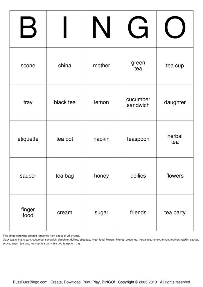 tea party bingo Bingo Cards to Download, Print and Customize!
