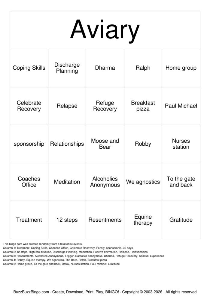 Download Free Aviary Bingo Bingo Cards