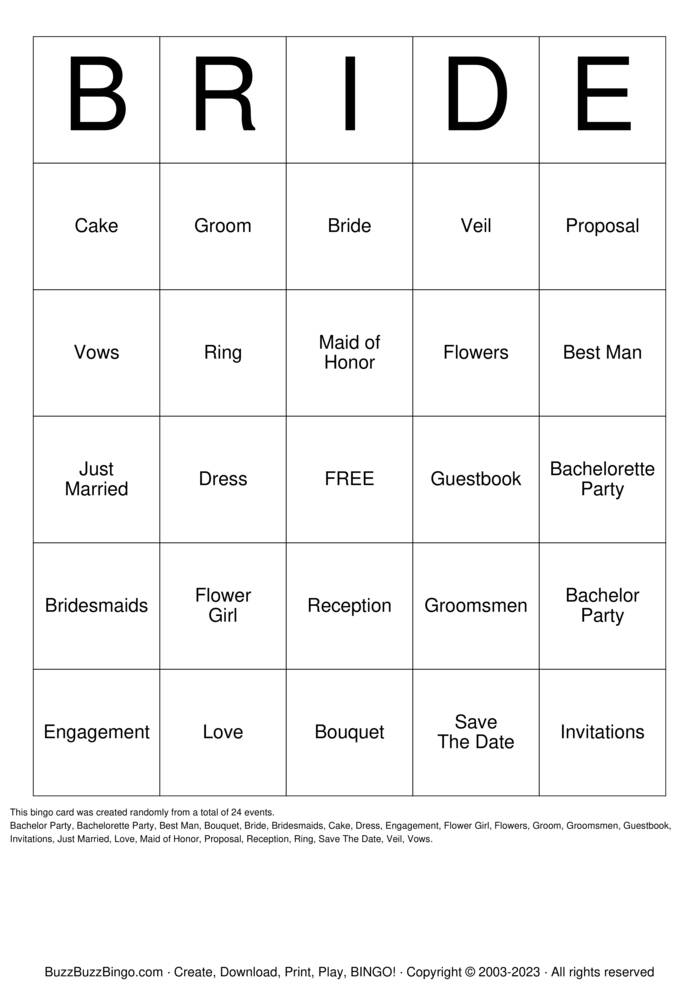 Download Free Bridal Shower Bingo Cards