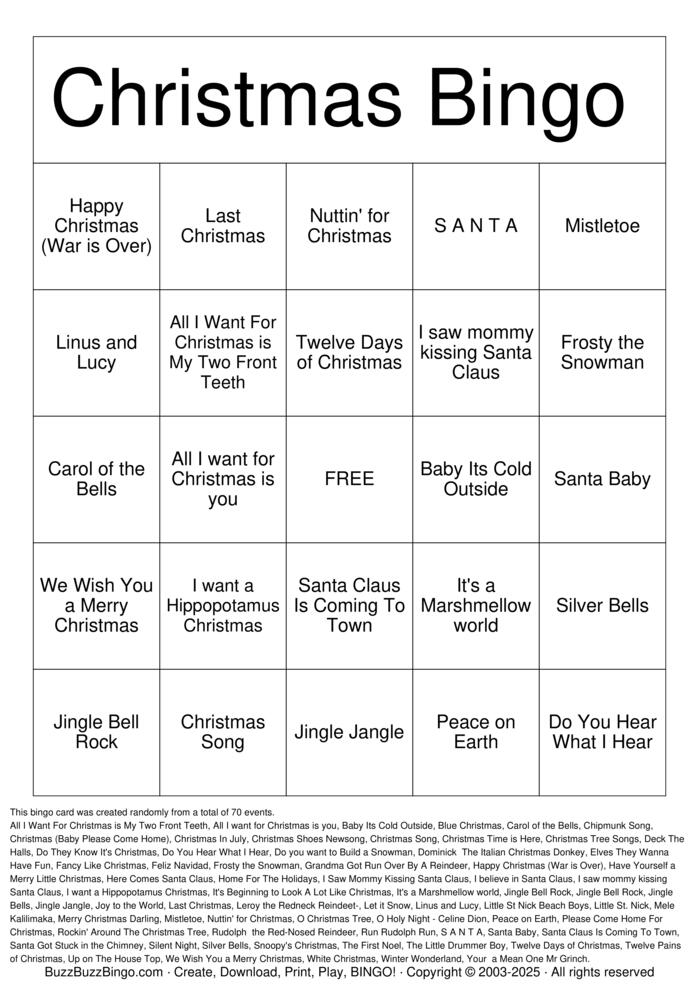Download Free Christmas Songs Bingo Cards Download Free Christmas Songs Bingo Cards