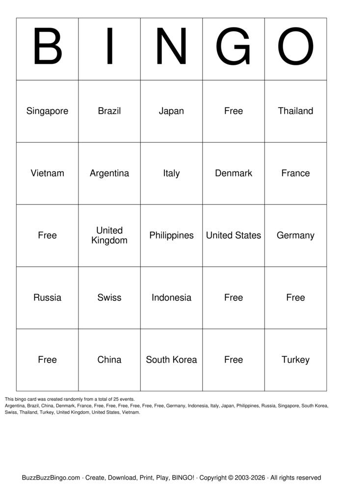 Download Free Countries Bingo Cards