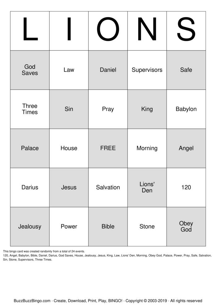 Download Free Daniel & The Lion's Den Bingo Cards