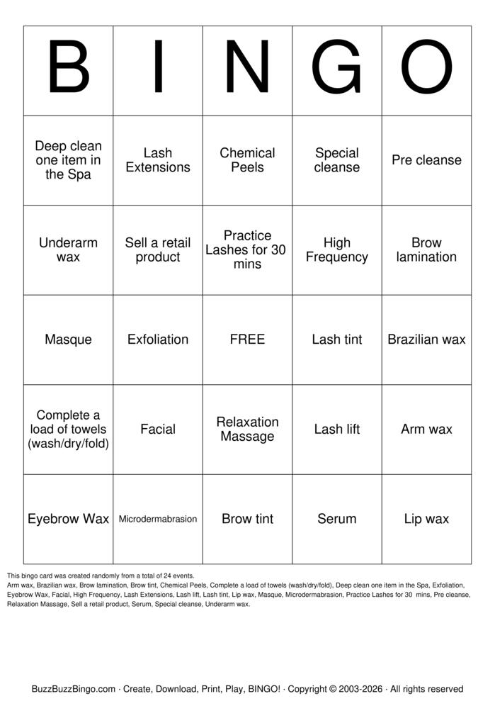 Download Free Esthetician Bingo Cards