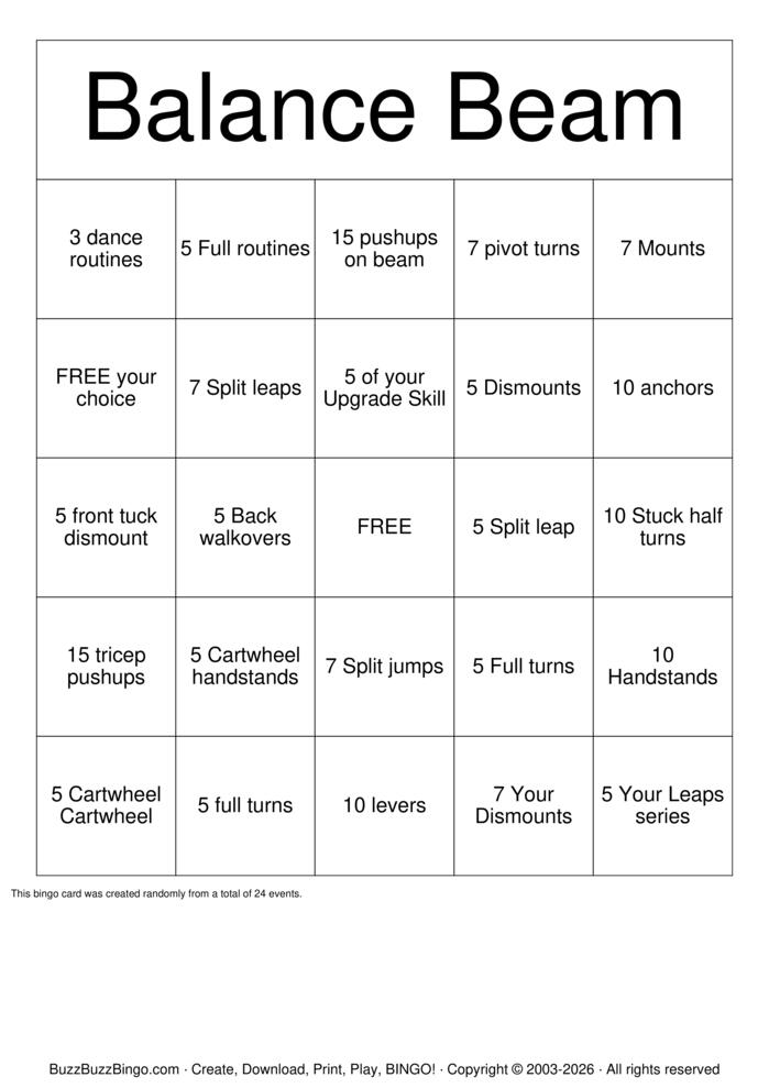 Download Free Gymnastics Bingo Cards Download Free Gymnastics Bingo Cards