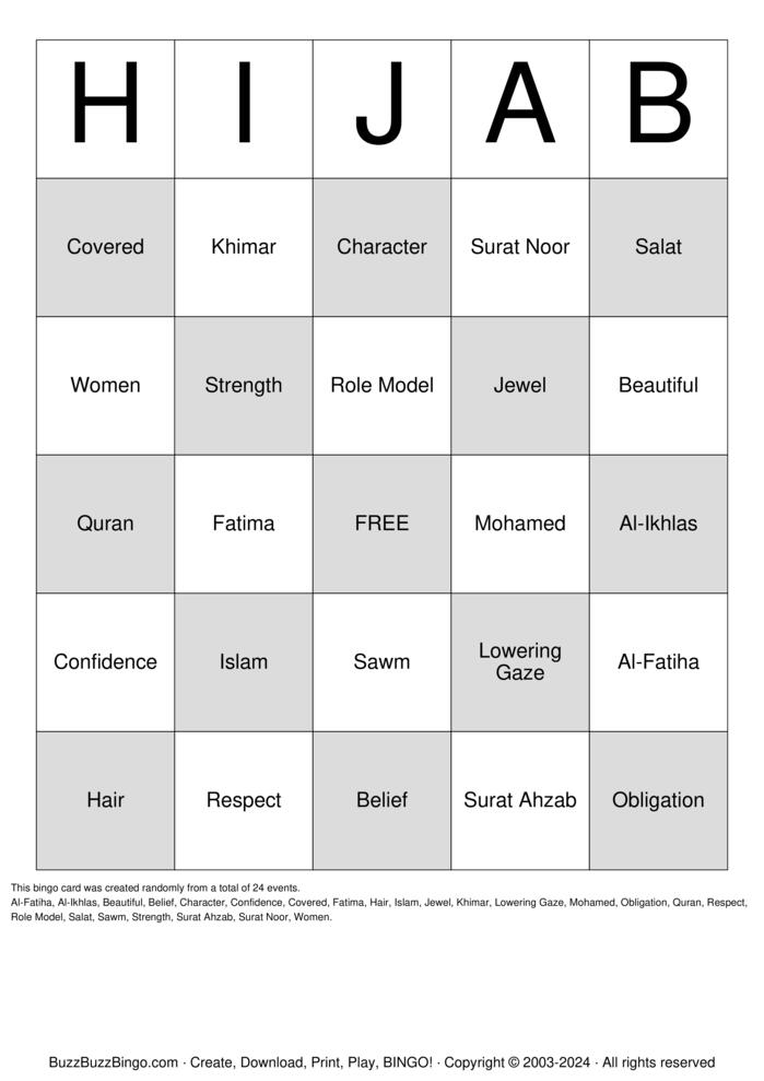 Download Free HIJAB Bingo Cards Download Free HIJAB Bingo Cards
