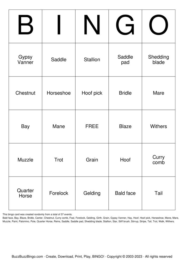HORSE Bingo Cards to Download, Print and Customize!