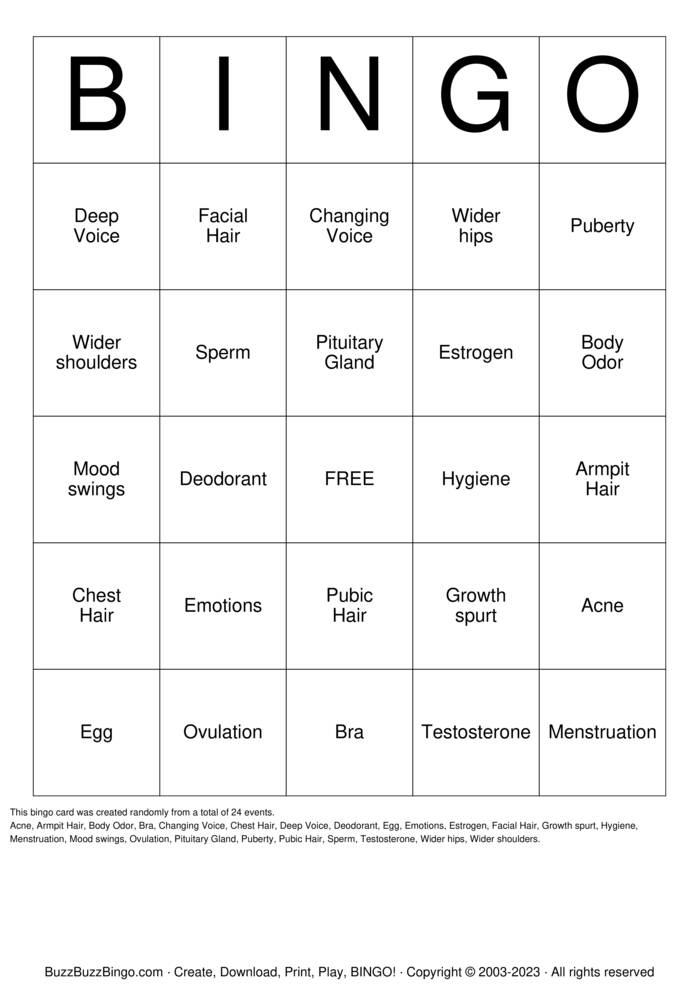 It's Puberty ! Bingo Cards to Download, Print and Customize!