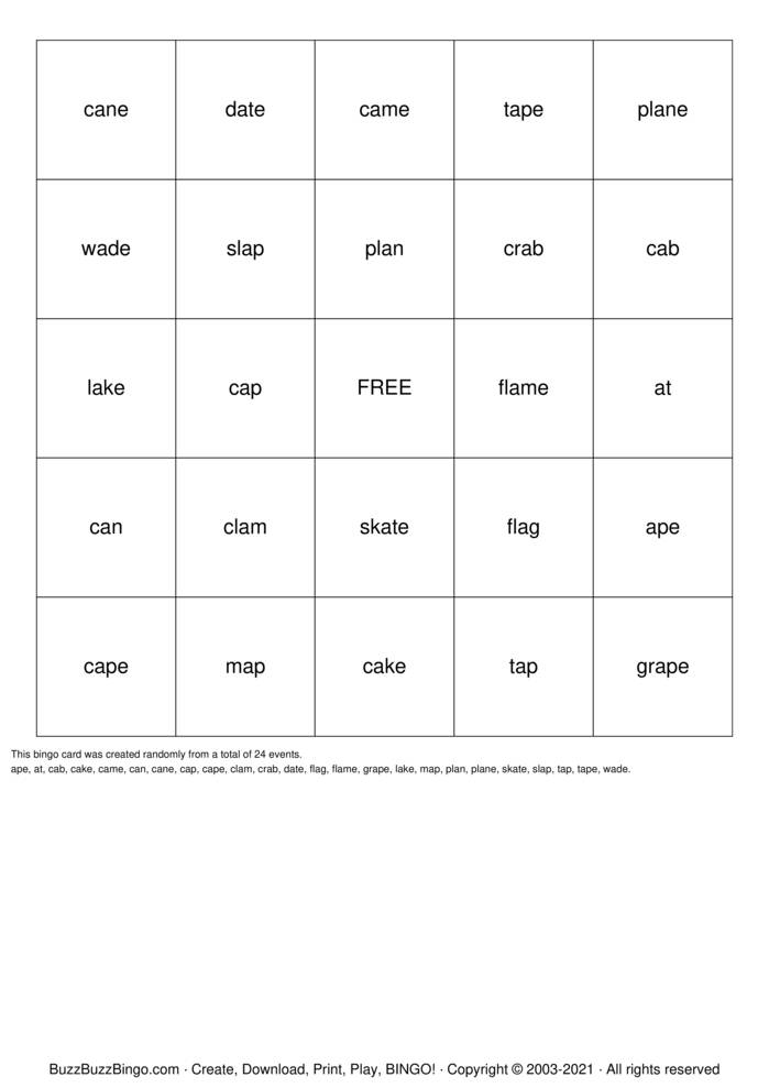 Download Free Long a & Short a Vowel Bingo Bingo Cards