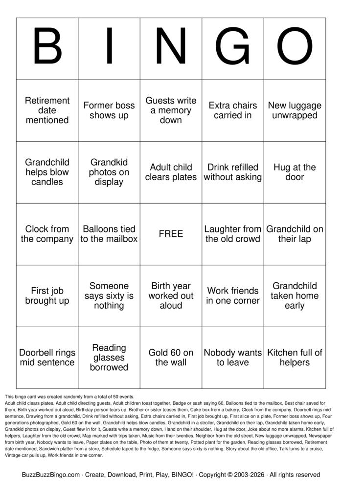 Download Free Milestone 60th Birthday Bingo Cards