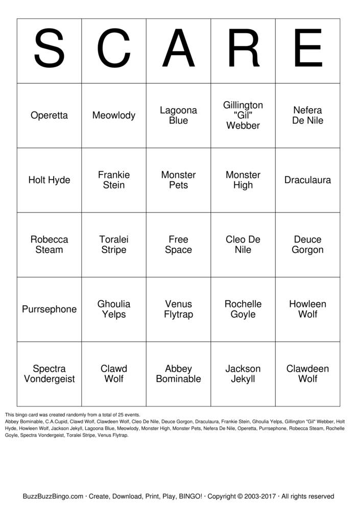 Monster High Bingo Cards to Download, Print and Customize!