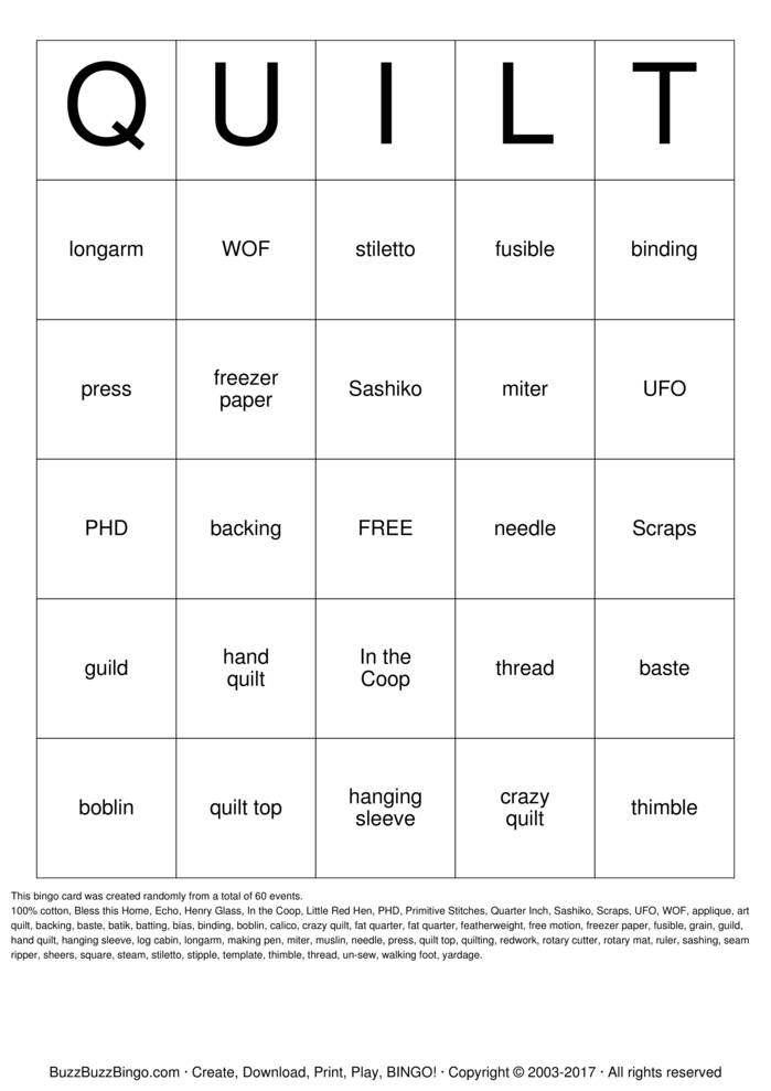 QUILT Bingo Cards to Download, Print and Customize!