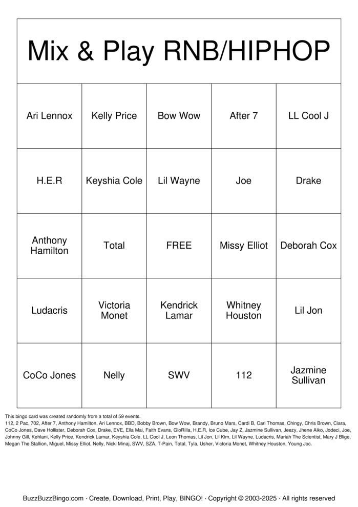 Download Free R&B and Hiphop Bingo Cards Download Free R&B and Hiphop Bingo Cards
