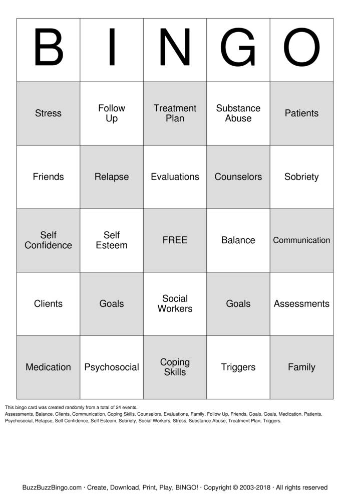 Download Free Relapse Prevention Bingo Cards