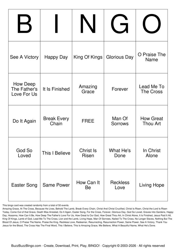 Download Free Religious Music Titles Bingo Cards