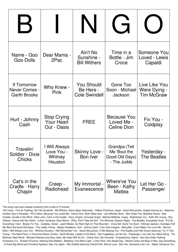 Download Free Sad Songs & Cry Breaks Bingo Cards