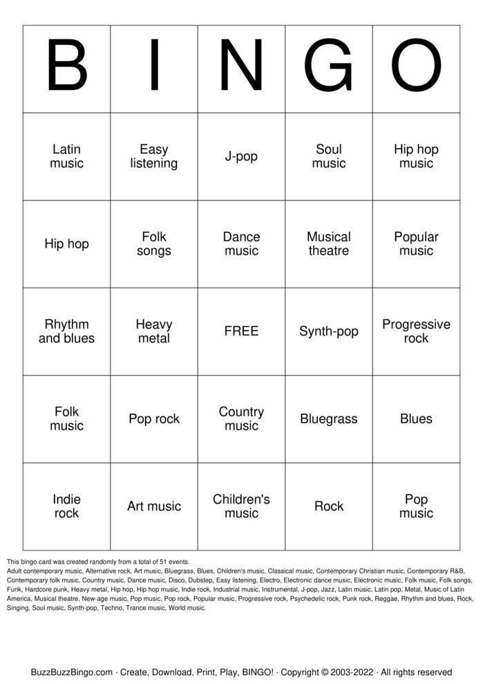Download Free Song Genres Bingo Cards