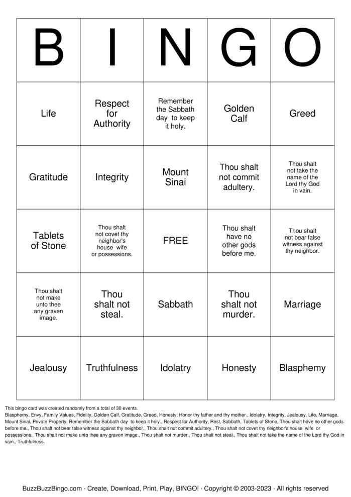 Download Free Ten Commandments Religious Bingo Cards