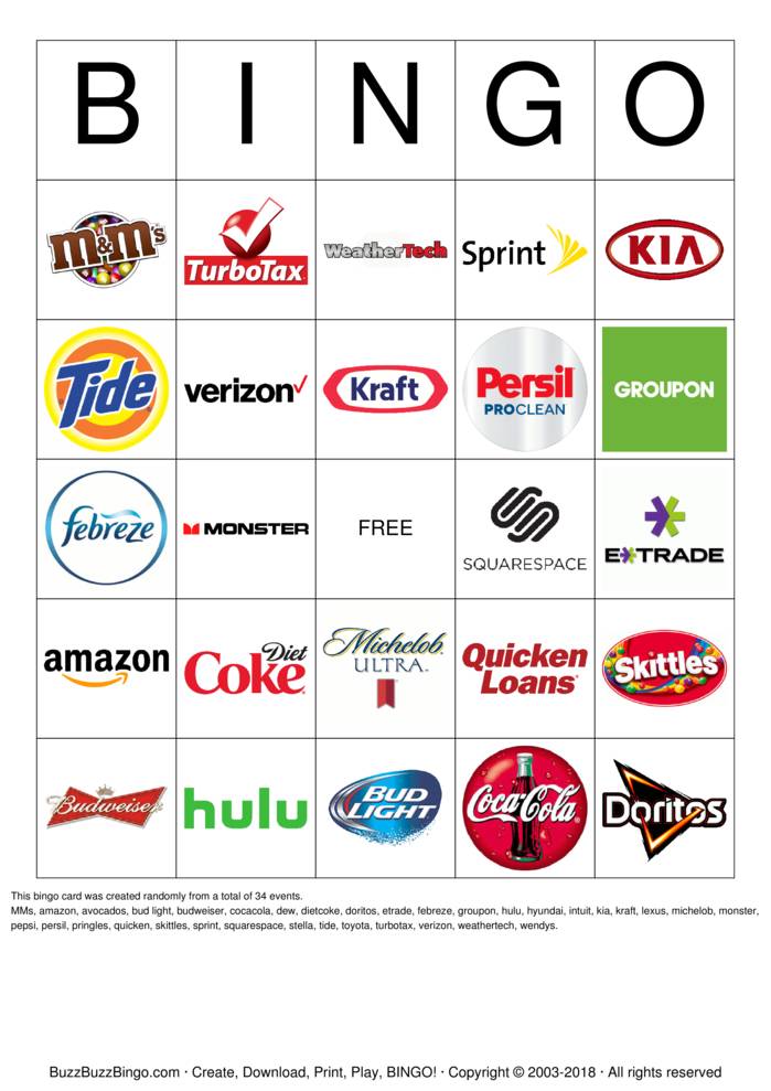 2018 Superbowl Commercial Logos Bingo Cards to Download, Print and ...