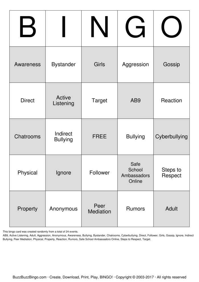 Download Free Bully Prevention Bingo Cards