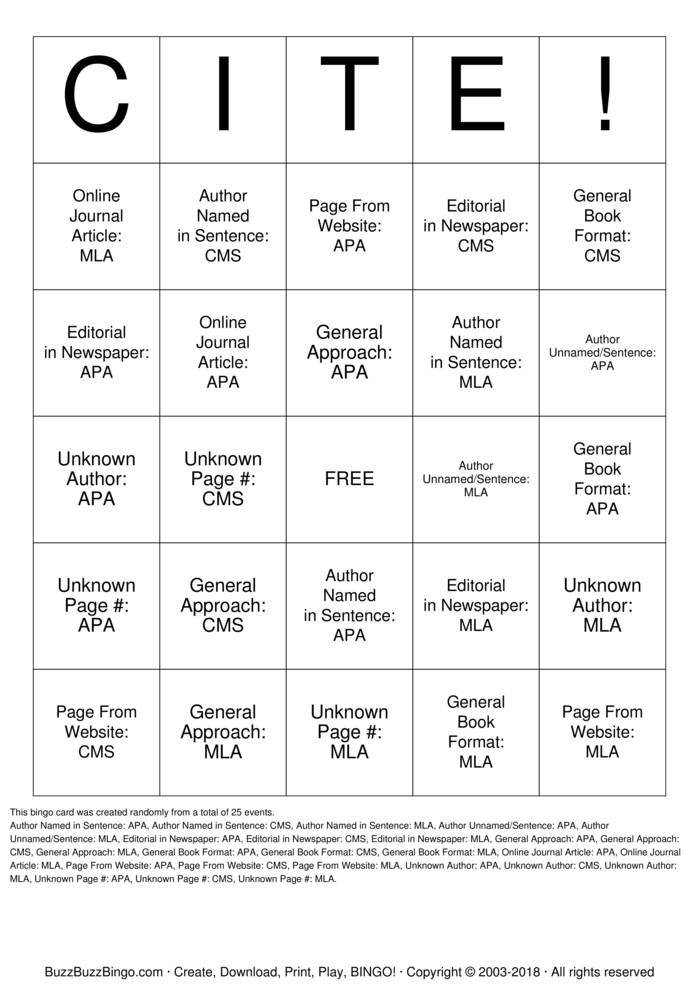 Download Free CITATION Bingo Cards Download Free CITATION Bingo Cards
