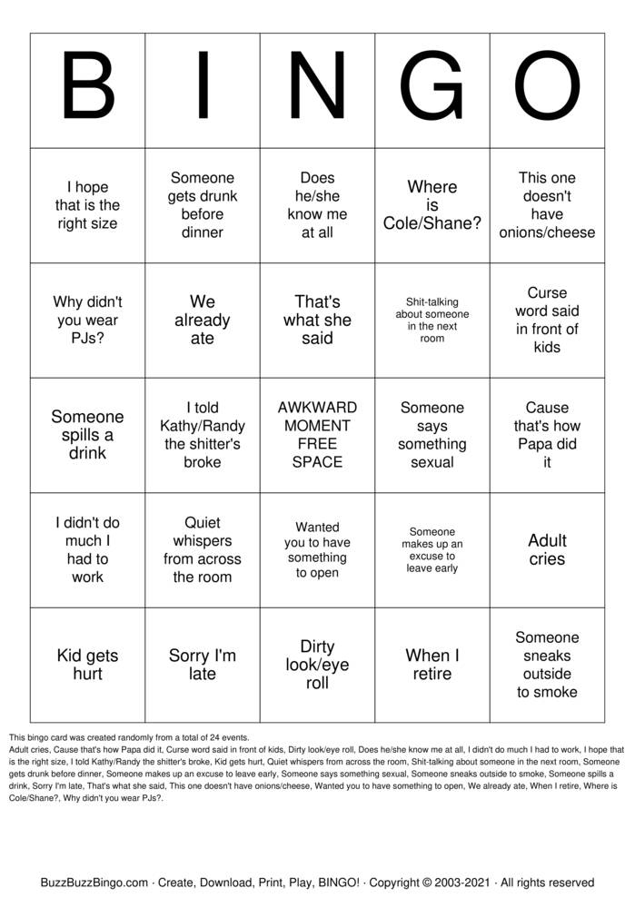 Download Free DYSFUNCTIONAL FAMILY Bingo Cards
