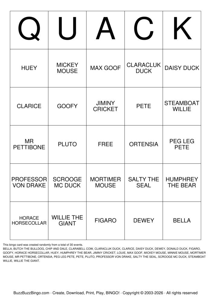 Download Free Donald Duck's Bingo Cards Download Free Donald Duck's Bingo Cards