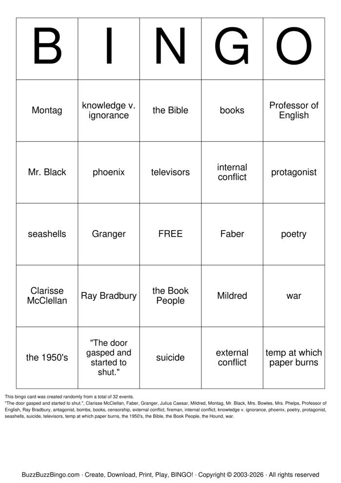Download Free Fahrenheit 451 Bingo Cards Download Free Fahrenheit 451 Bingo Cards