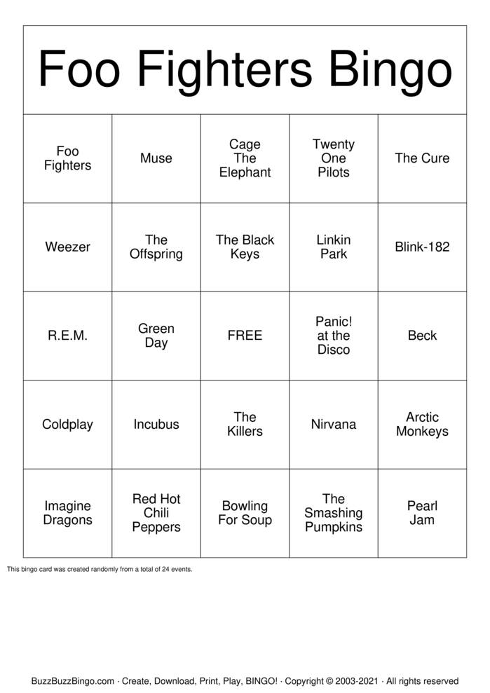Foo Fighters Bingo Cards to Download, Print and Customize!
