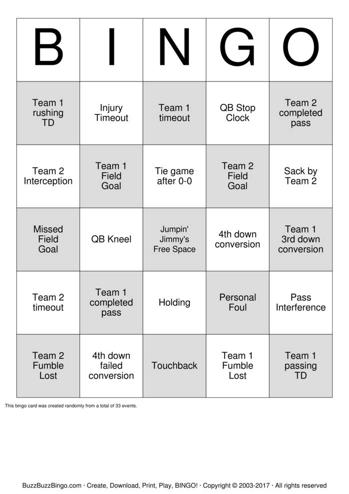 Download Free Football Bingo Cards