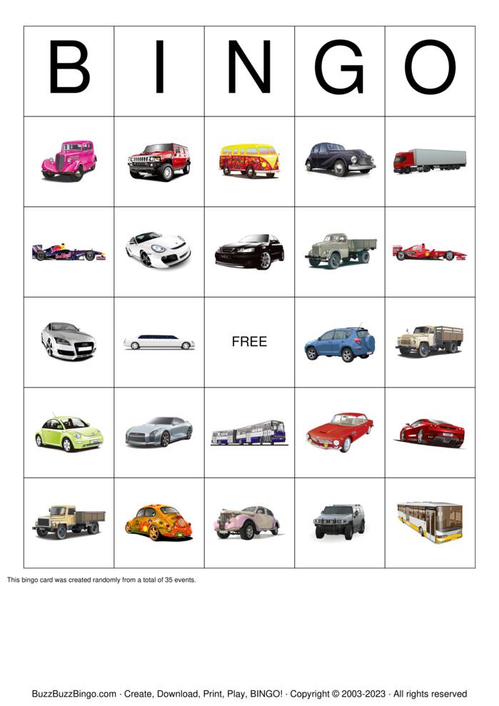 Download Free Images of Cars Bingo Cards