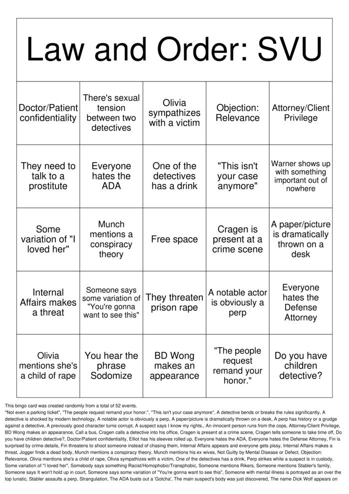 Law & Order: SVU Bingo Cards to Download, Print and Customize!
