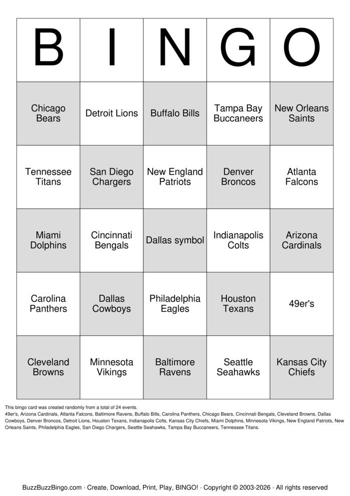 Download Free NFL Mascot Bingo Cards Download Free NFL Mascot Bingo Cards