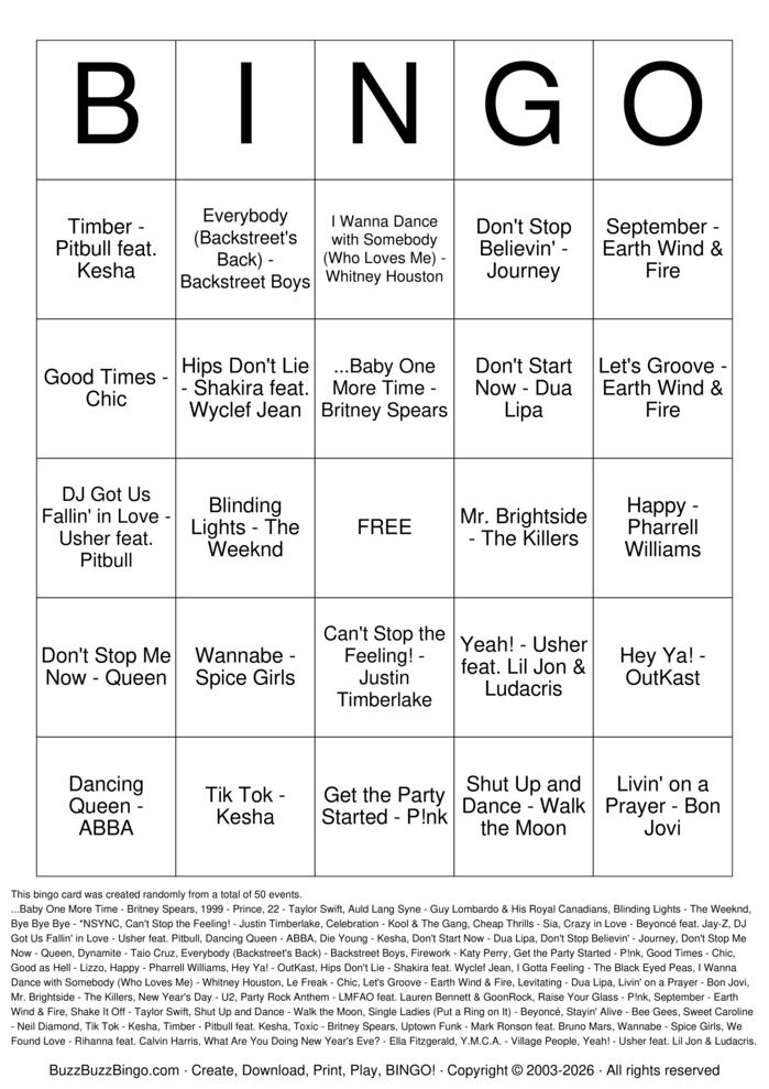 Download Free New Year's Eve Party Songs Top 50 Bingo Cards