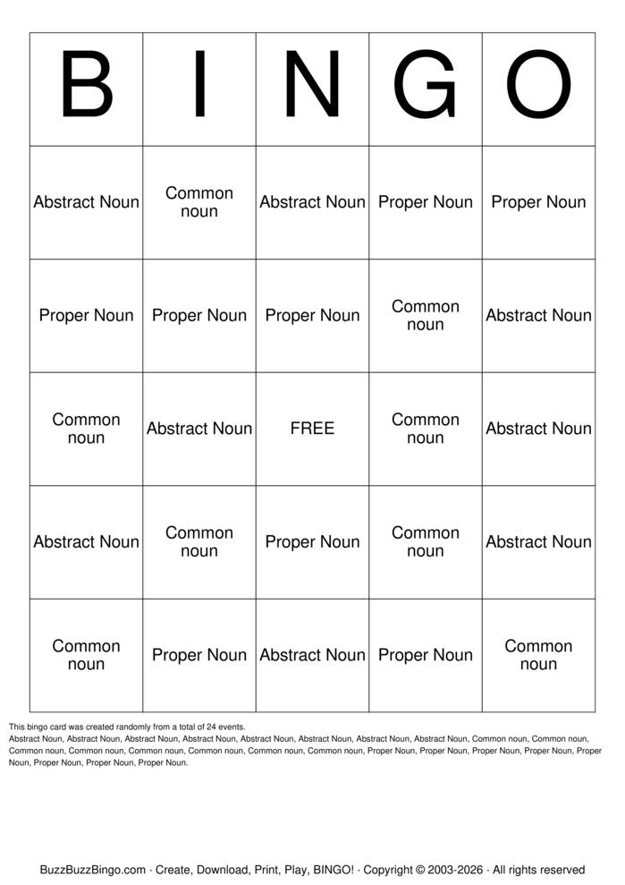 Download Free Noun Bingo Bingo Cards