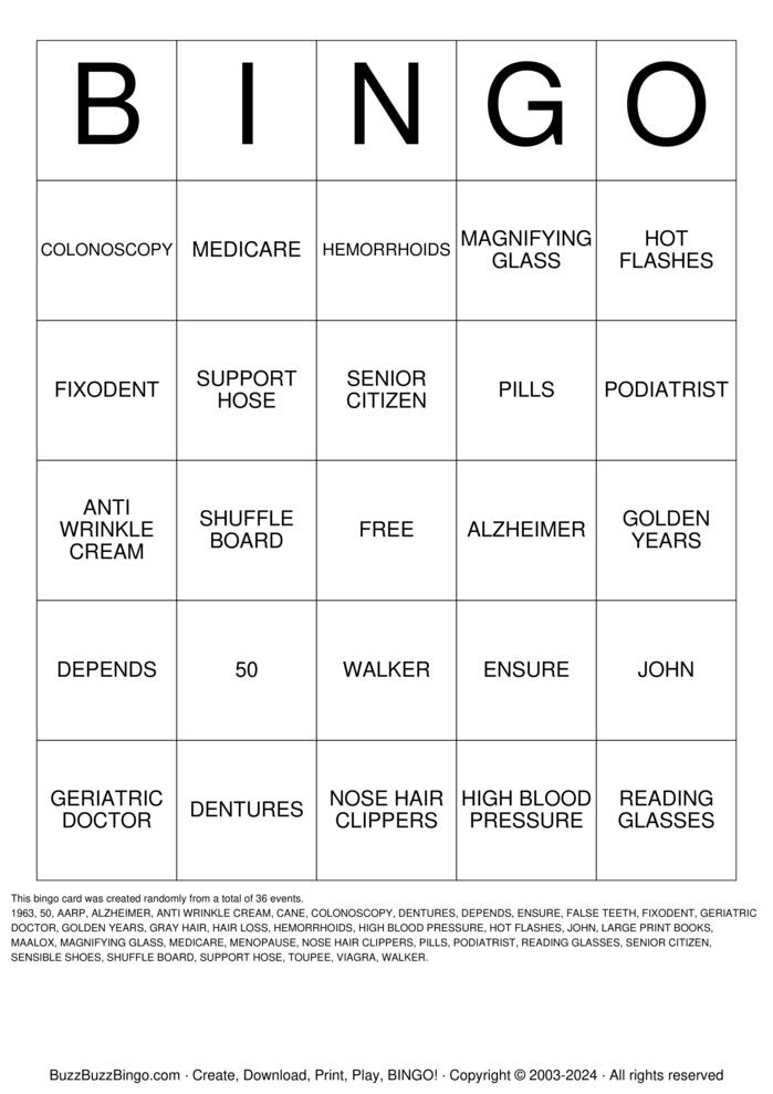 OVER THE HILL Bingo Cards to Download, Print and Customize!