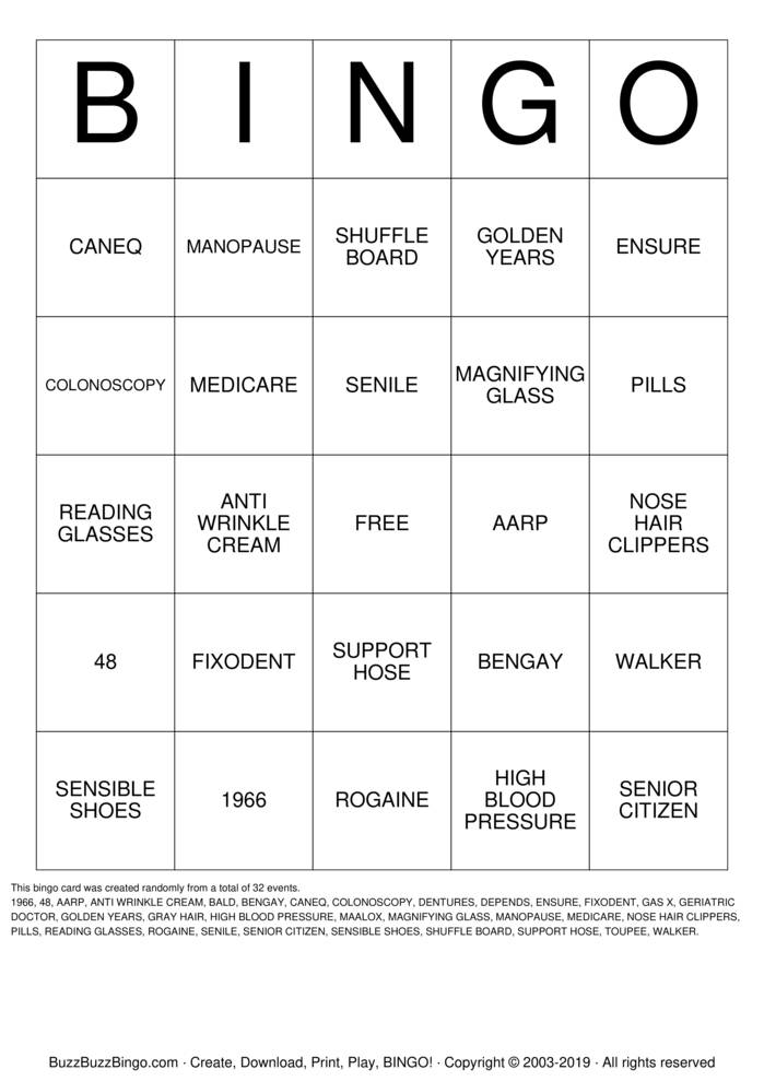 OVER THE HILL Bingo Cards to Download, Print and Customize!