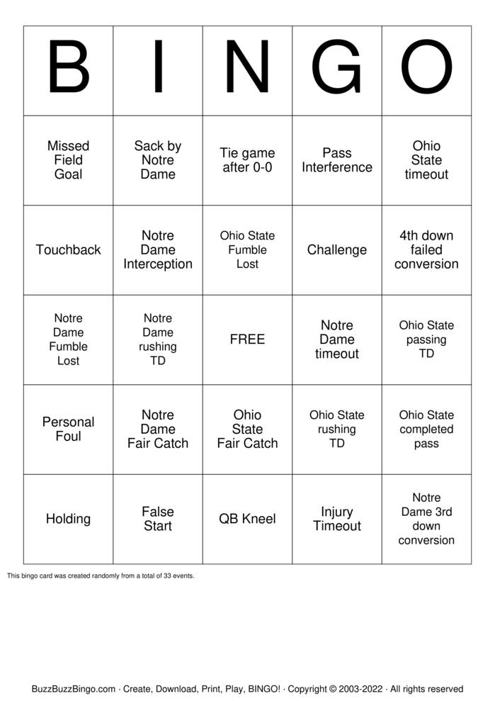 Ohio State vs Notre Dame Football Bingo Cards to Download, Print and