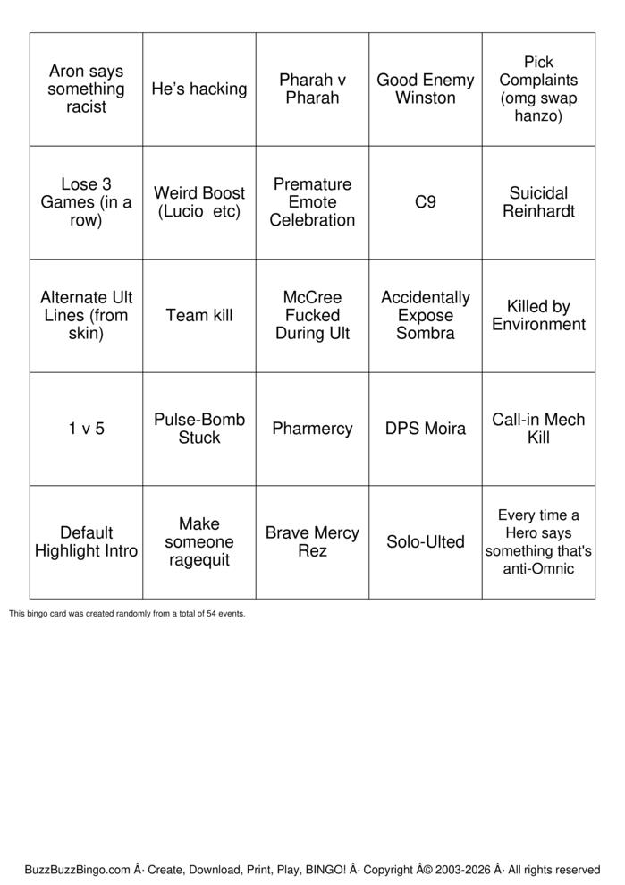 Download Free Overwatch Bingo Bingo Cards