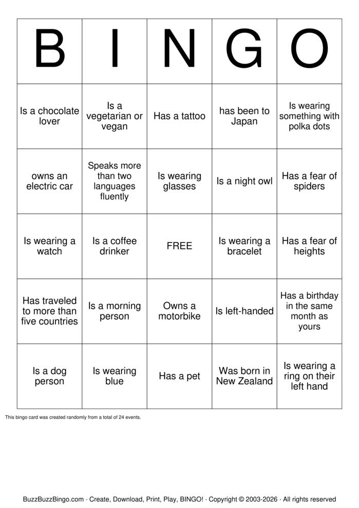 Download Free People Bingo Cards