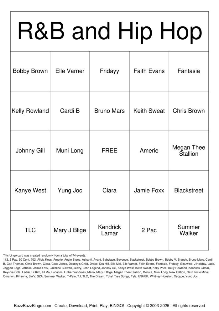 Download Free R&B and Hiphop Bingo Cards Download Free R&B and Hiphop Bingo Cards