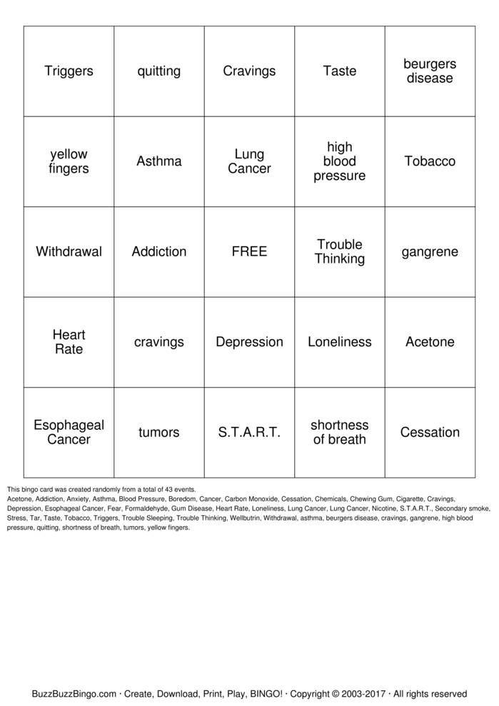 Smoking Cessation BINGO Bingo Cards to Download, Print and Customize!