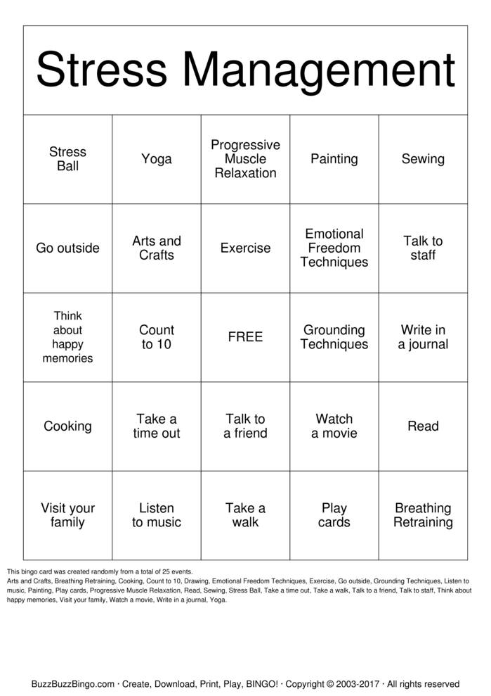Download Free Stress Management Bingo Cards