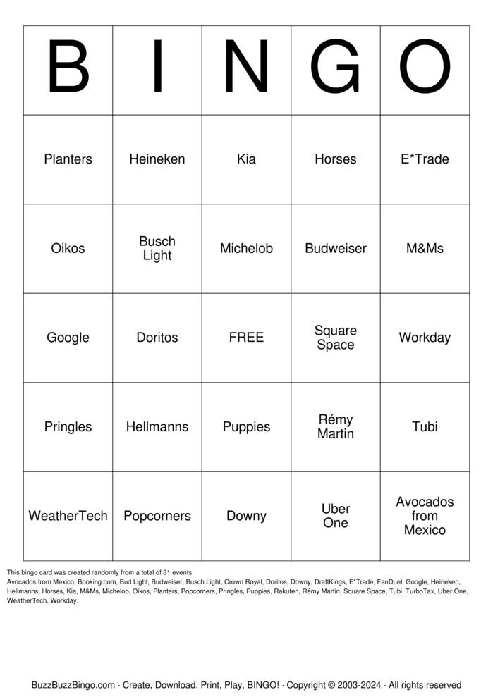 Superbowl Commercials Bingo Cards to Download, Print and Customize!