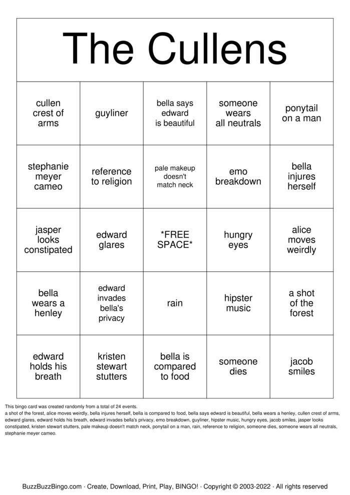 Download Free TWILIGHT BINGO Bingo Cards