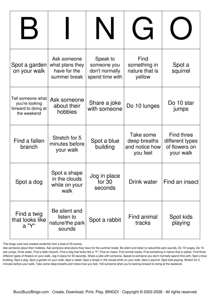 Download Free Walking Bingo Bingo Cards
