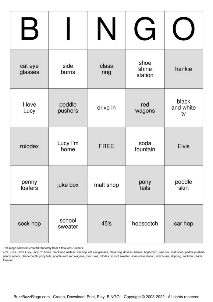 1950's Bingo Cards to Download, Print and Customize!
