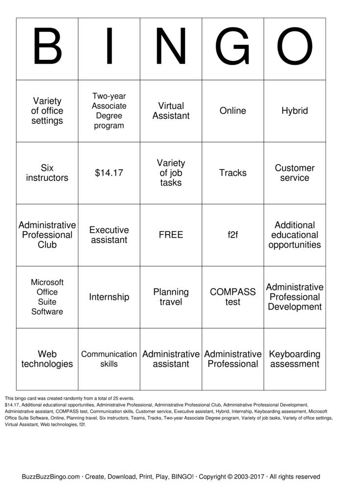 Download Free Administrative Professional Bingo Cards